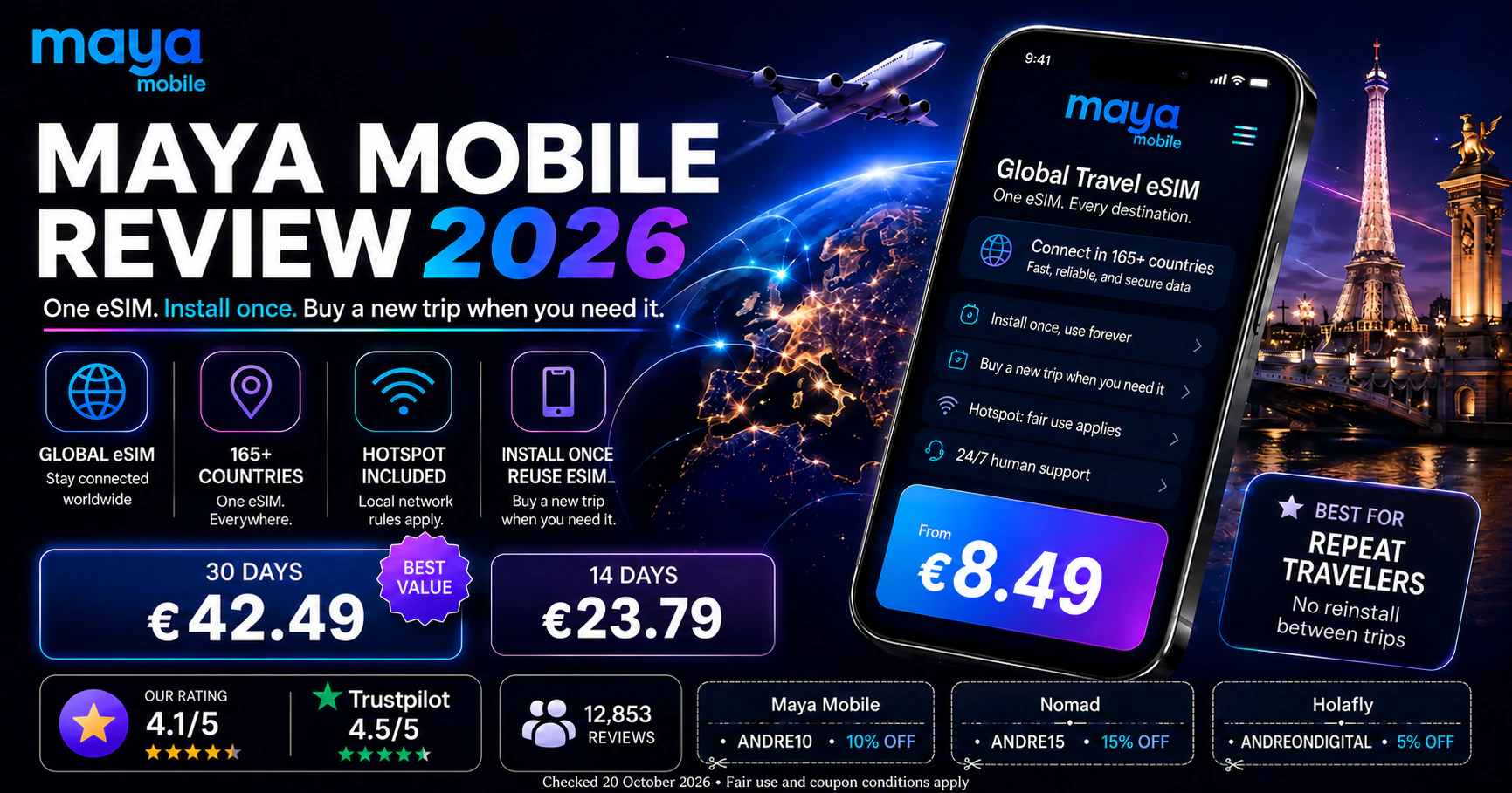 Maya Mobile Review 2026 with Global eSIM prices from €8.49, 14 days €23.79 and 30 days €42.49, checked October 20, 2026