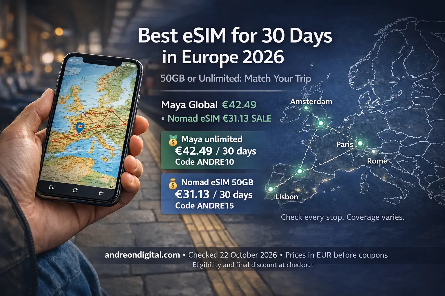 30-day Europe eSIM comparison with Maya Global at €42.49 and Nomad eSIM 50GB at €31.13 on sale, checked 22 October 2026.