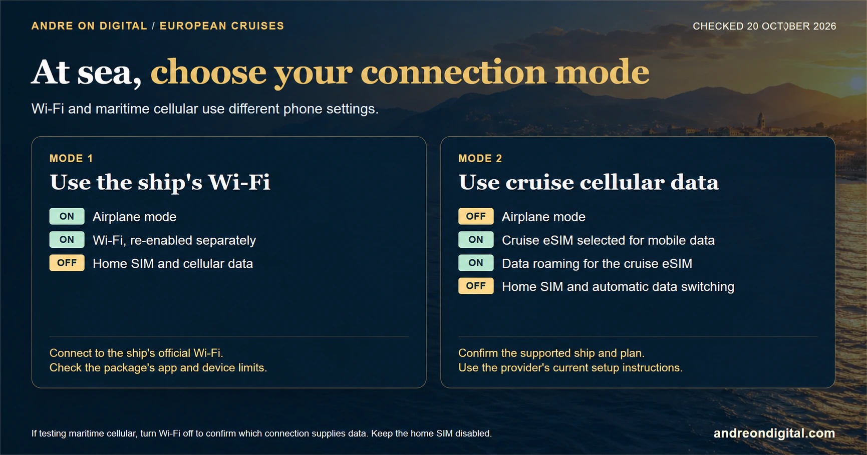 Two distinct phone settings: airplane mode with Wi-Fi, or intentional maritime cellular
