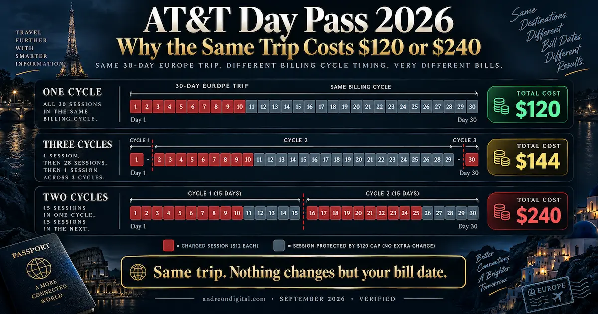 AT&T Day Pass 2026 billing cycle showing the same 30-day Europe trip costing $120, $144 or $240 depending on when the bill resets