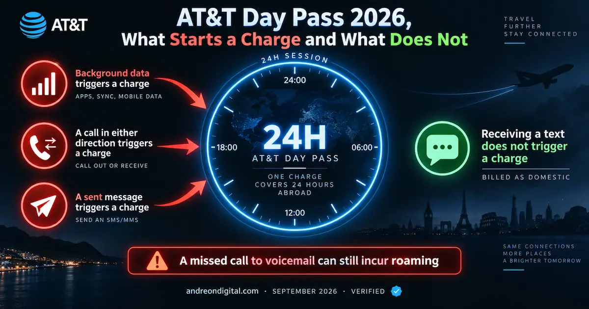 AT&T Day Pass 2026 showing that background data, calls and sent messages trigger a 24-hour charge while receiving a text does not