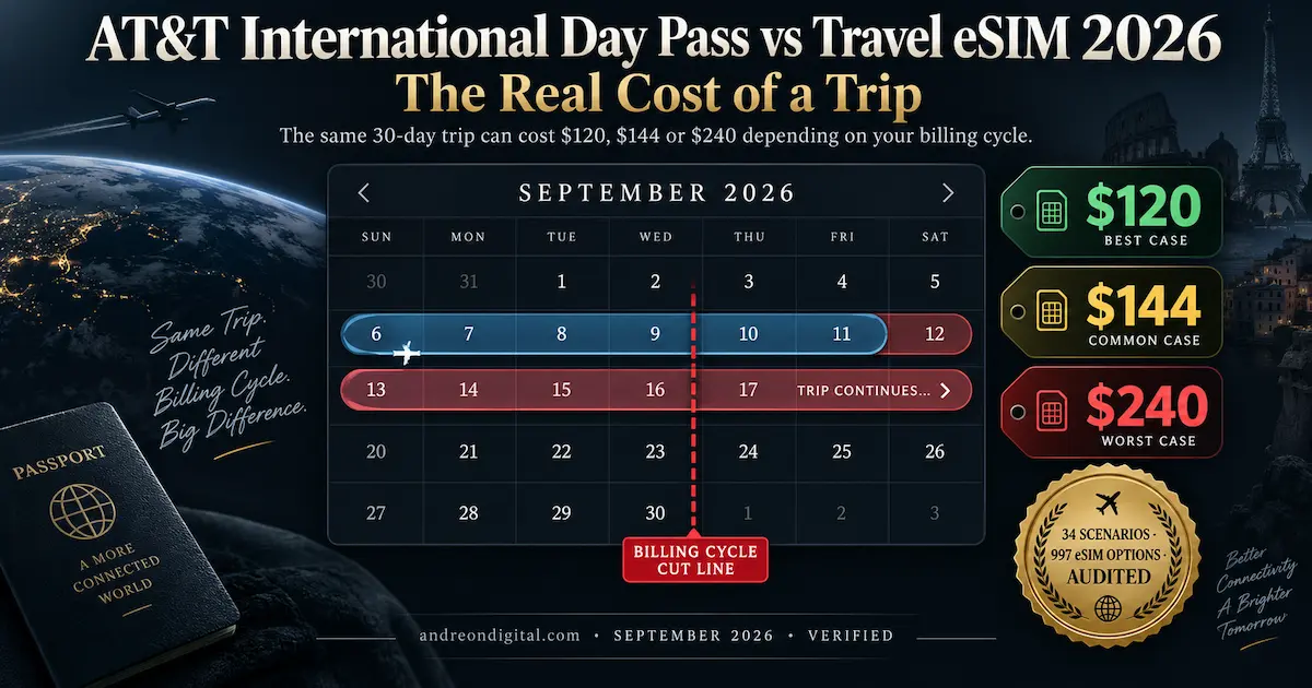 AT&T International Day Pass vs Travel eSIM 2026 showing a 30-day trip costing $120, $144 or $240 depending on the billing cycle