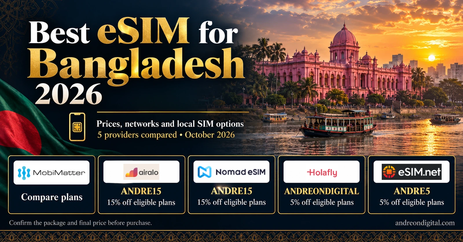 Bangladesh eSIM comparison with Dhaka river scenery, five official provider logos and matching reader codes