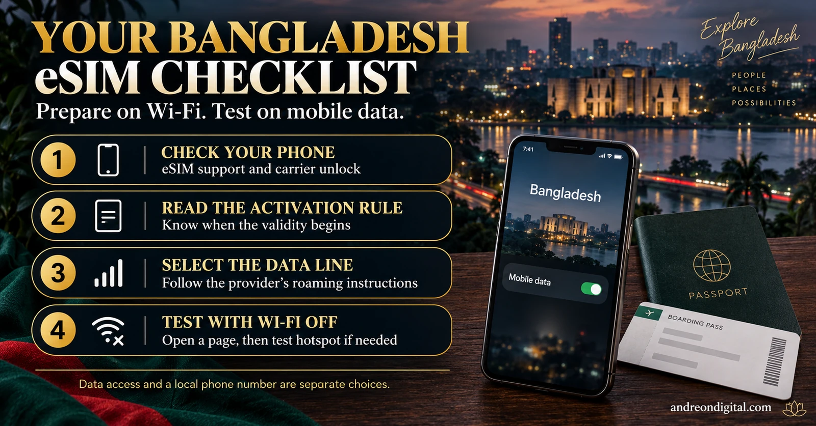 Four Bangladesh eSIM preparation steps: check the phone, read activation rules, choose the data line and test without Wi-Fi