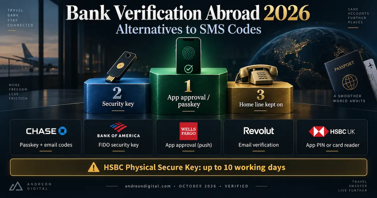 Bank Verification Abroad 2026, Alternatives to SMS Codes bank 2fa abroad 2026 passkey security key app approval chase bank of america wells fargo revolut hsbc uk alternatives to sms