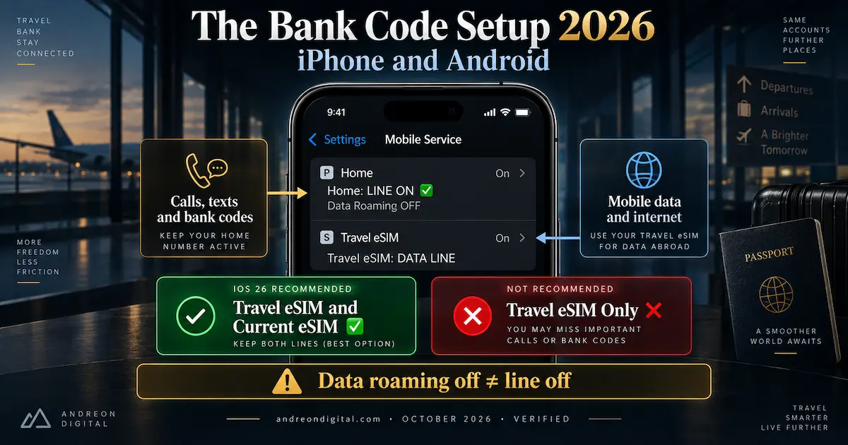 The Bank Code Setup 2026, iPhone and Android bank texts travel esim 2026 dual sim setup iphone android home line on data roaming off travel esim data line ios 26
