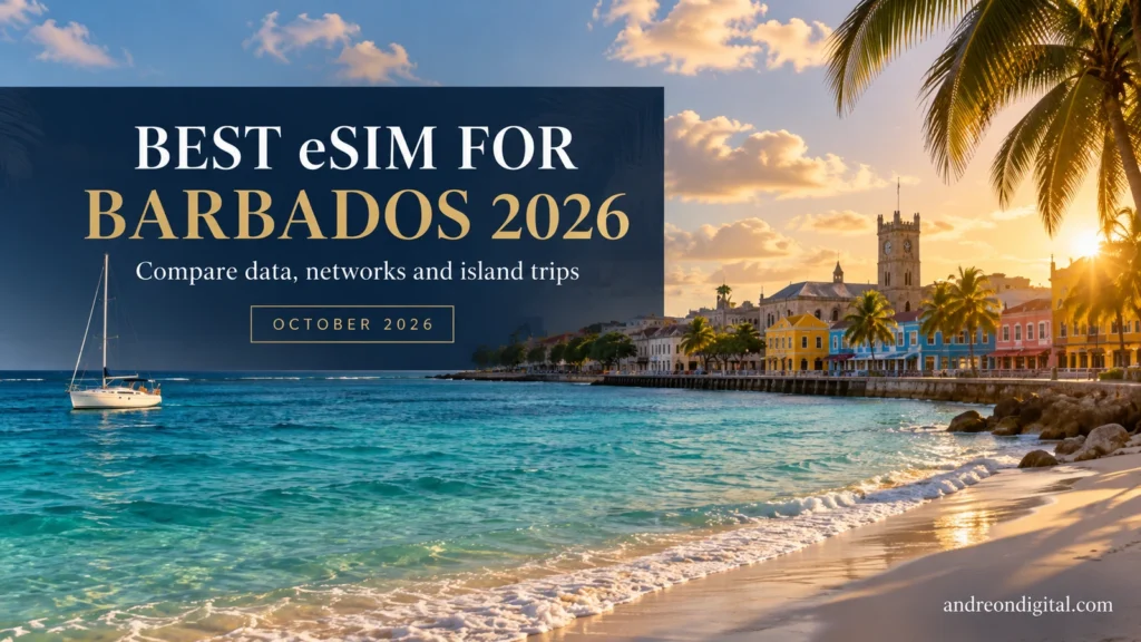 Best eSIM for Barbados guide with an illustrated Caribbean beach and Bridgetown-inspired waterfront