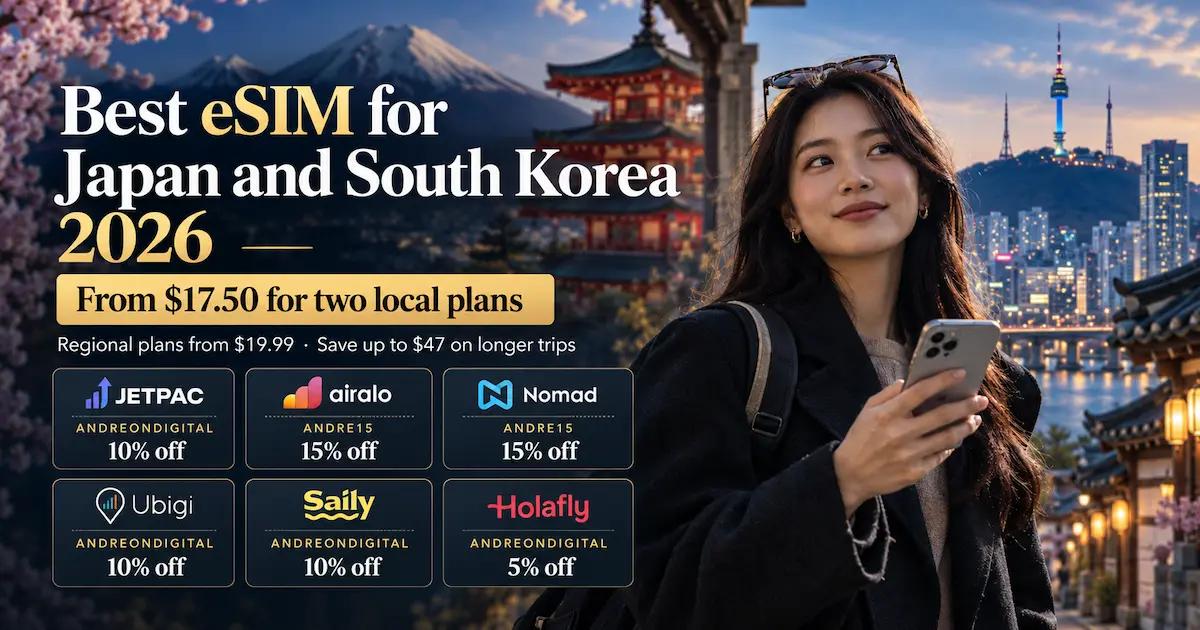 Best eSIM for Japan and South Korea 2026 image showing plans from $17.50 for two local plans, regional plans from $19.99, and discount codes for Jetpac, Airalo, Nomad, Ubigi, Saily, and Holafly