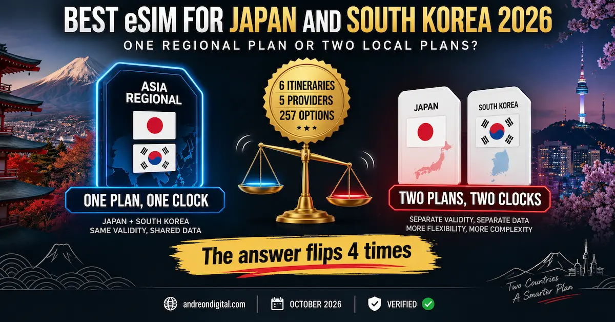 Best eSIM for Japan and South Korea 2026 comparing one regional eSIM with two local plans across six itineraries and five providers