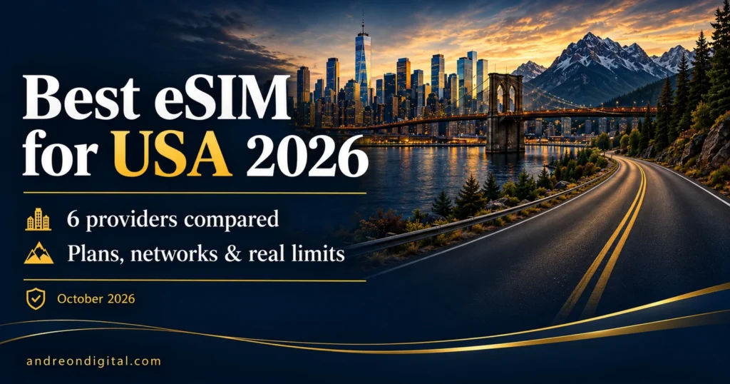 USA city and road-trip editorial illustration introducing six eSIM providers, checked October 2026.