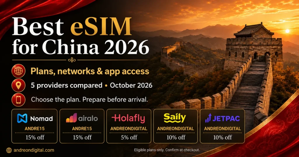 China eSIM guide featuring the Great Wall and five providers with verified discount codes.