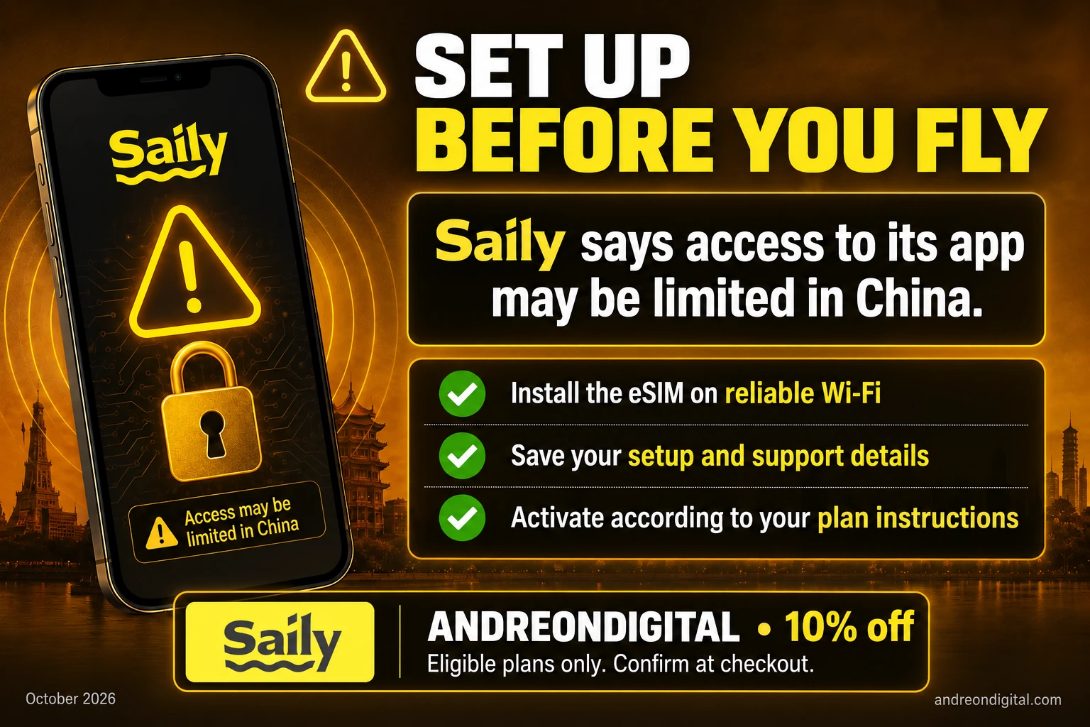 Saily China preparation checklist: install the app and eSIM before departure, save instructions and activate at the destination.