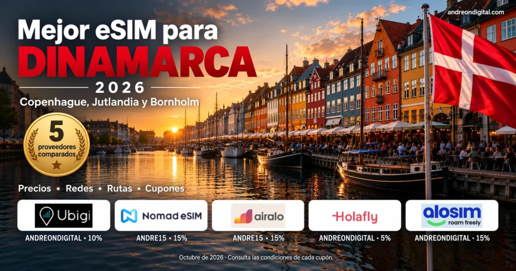 Mejor eSIM para Dinamarca 2026 con cinco proveedores, cupones y el puerto de Nyhavn