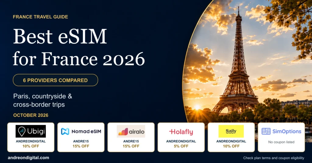 France eSIM guide with the Eiffel Tower and logos for Ubigi, Nomad eSIM, Airalo, Holafly, Saily and SimOptions