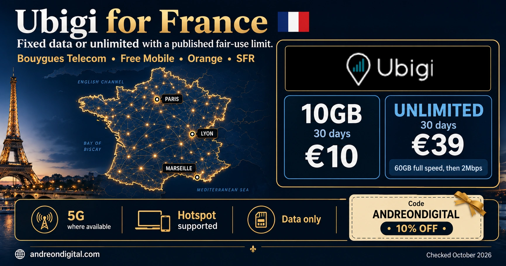 Ubigi France eSIM: Fixed Data and Unlimited Terms Ubigi France illustration showing four listed host networks, 10GB for 10 euros and a 30-day unlimited plan with a 60GB high-speed threshold