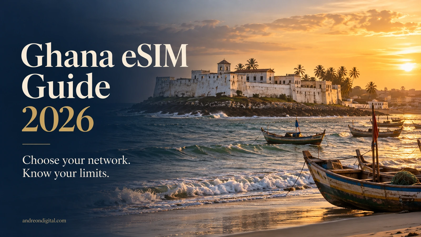 Ghana eSIM guide with a scenic editorial illustration of the Cape Coast waterfront