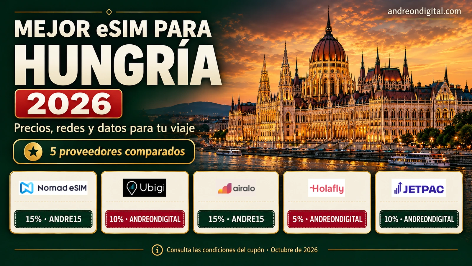 Mejor eSIM para Hungría 2026: cinco proveedores, precios, redes y cupones
