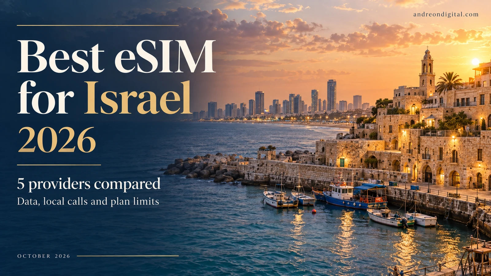 Best eSIM for Israel guide with an editorial illustration of the Jaffa coast and Tel Aviv skyline