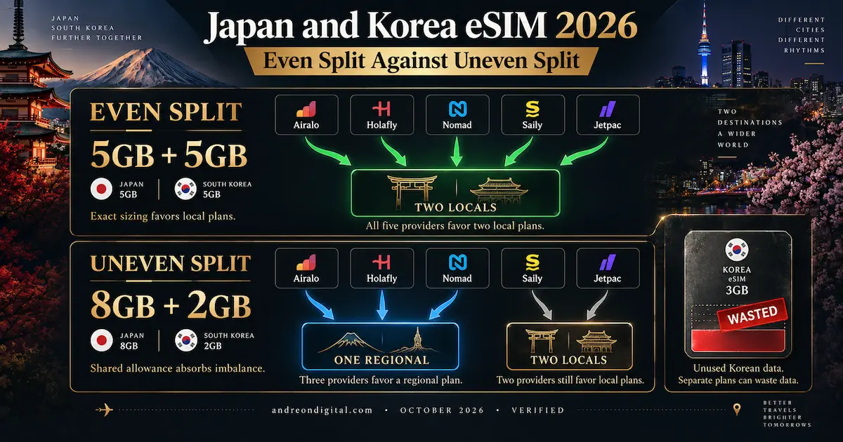 Japan and Korea eSIM 2026 comparison showing two local plans winning a 5GB plus 5GB even split and one regional eSIM winning for three providers on an 8GB plus 2GB uneven split