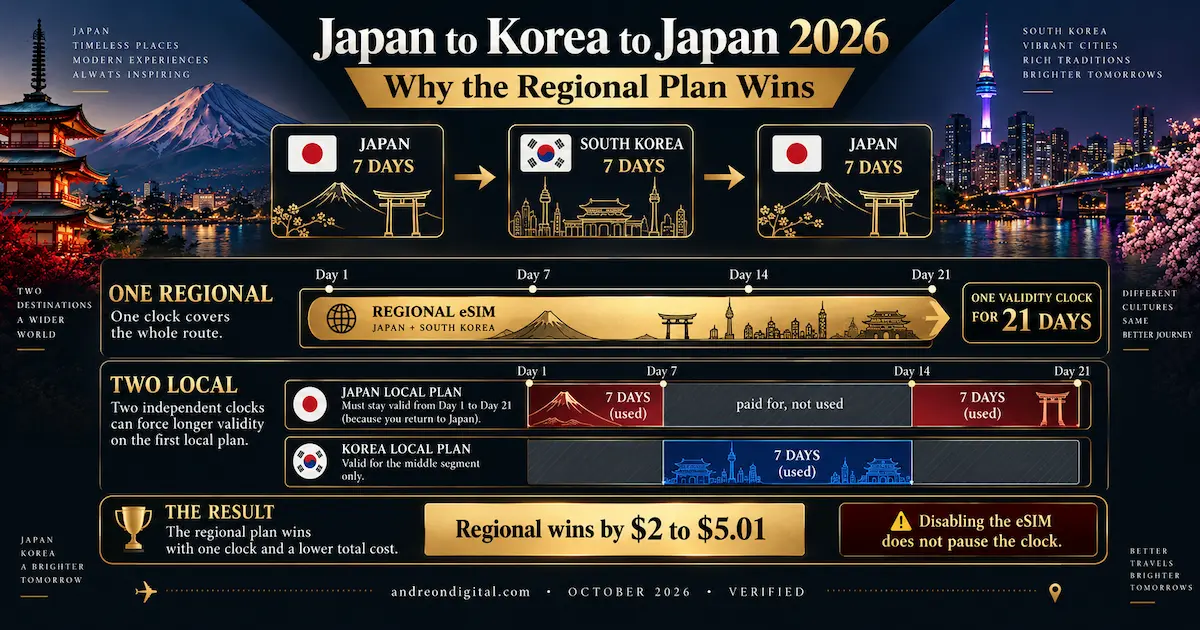 Japan Korea Japan eSIM 2026 return trip comparison showing one regional plan covering 21 days while two local plans use separate validity clocks