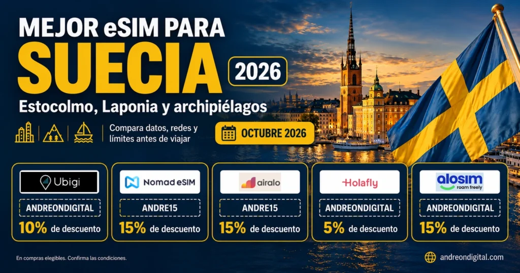 Portada de la guía de eSIM para Suecia con Estocolmo, la bandera sueca y cinco proveedores con sus cupones.