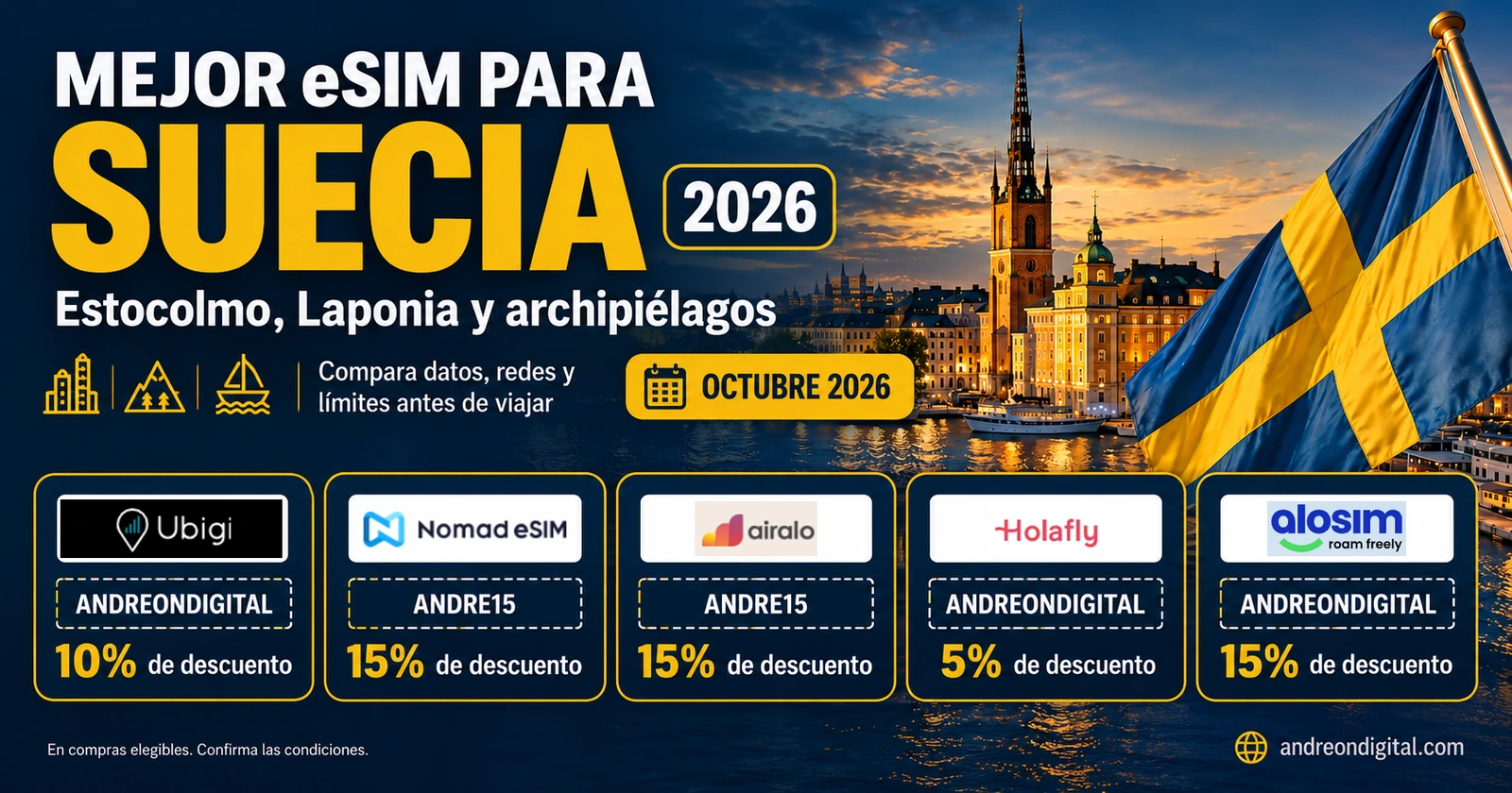 Portada de la guía de eSIM para Suecia con Estocolmo, la bandera sueca y cinco proveedores con sus cupones.