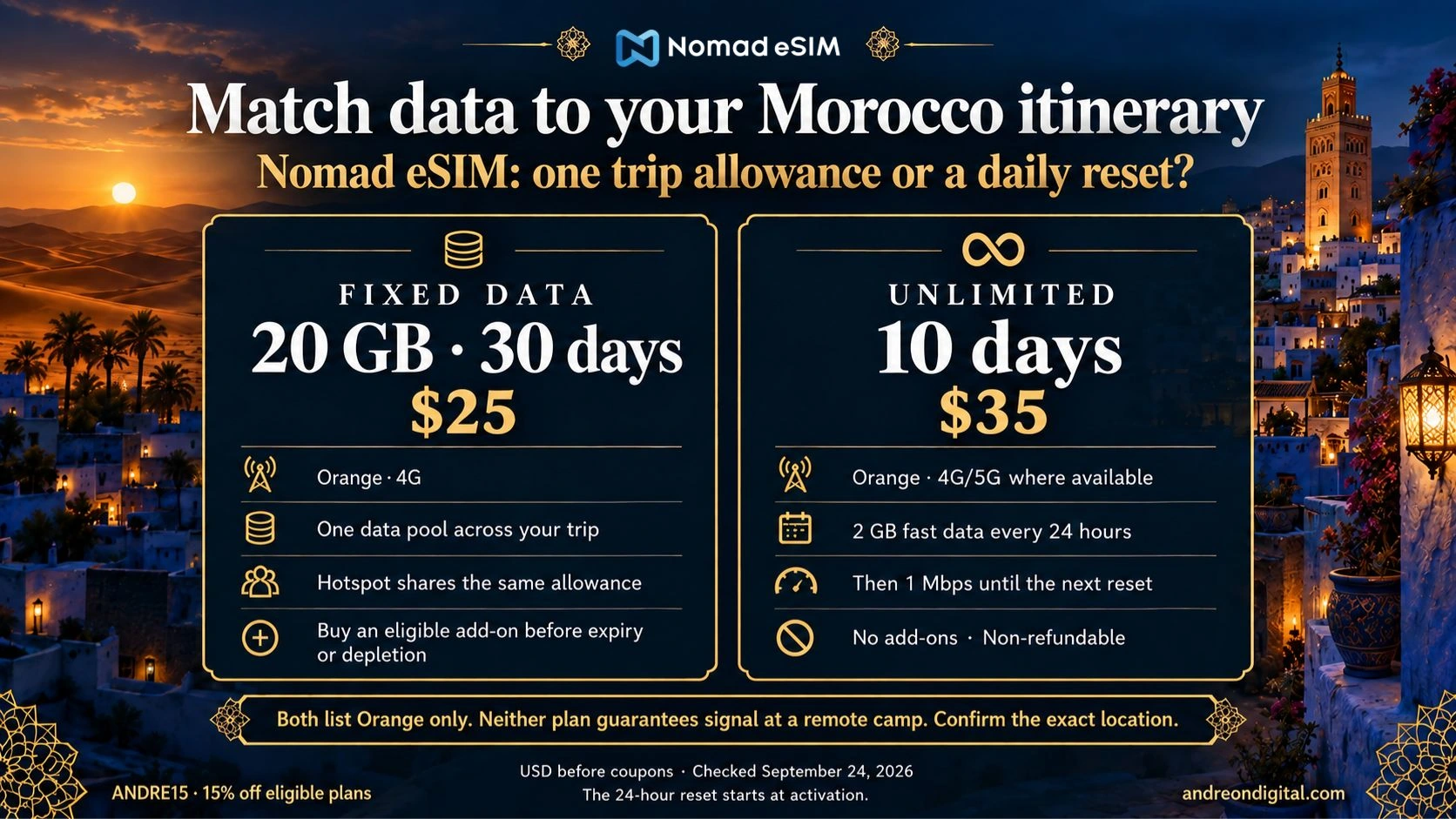 Nomad eSIM Morocco comparison: 20 GB pooled data versus unlimited with a daily fast-data allowance