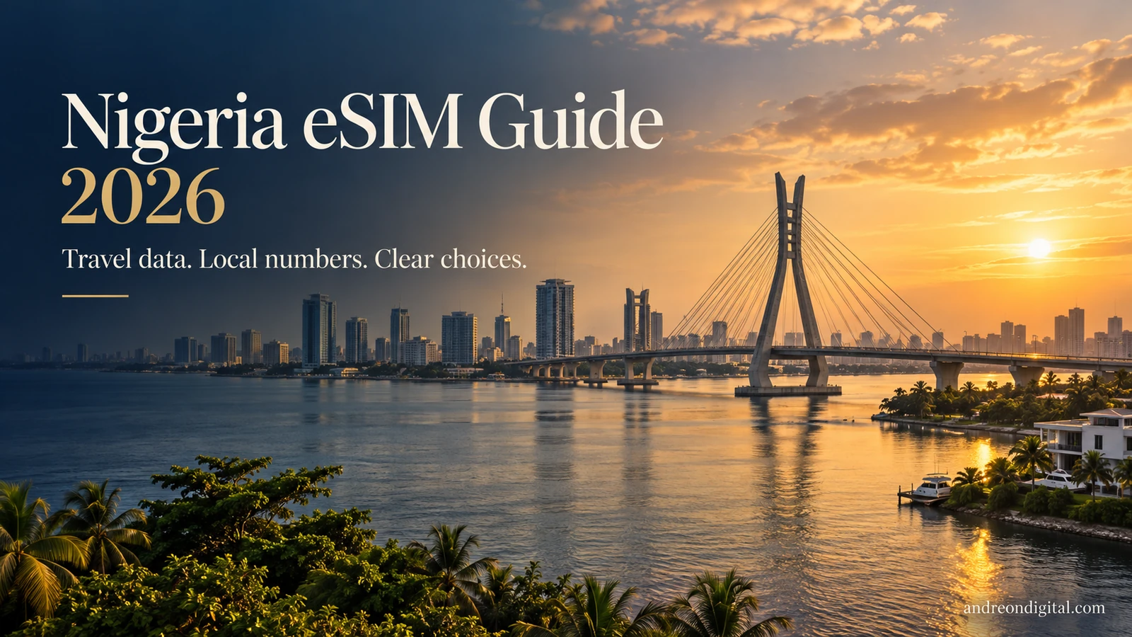 Nigeria eSIM guide with an editorial illustration inspired by the Lagos lagoon and bridge at sunset