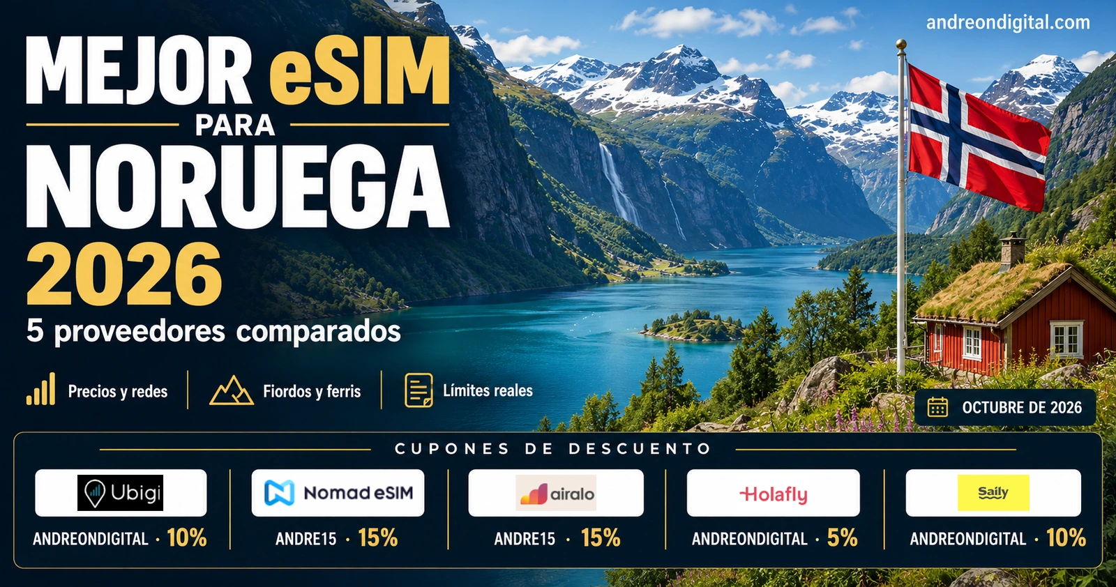Mejor eSIM para Noruega 2026 con cinco proveedores, cupones oficiales y paisaje de fiordos