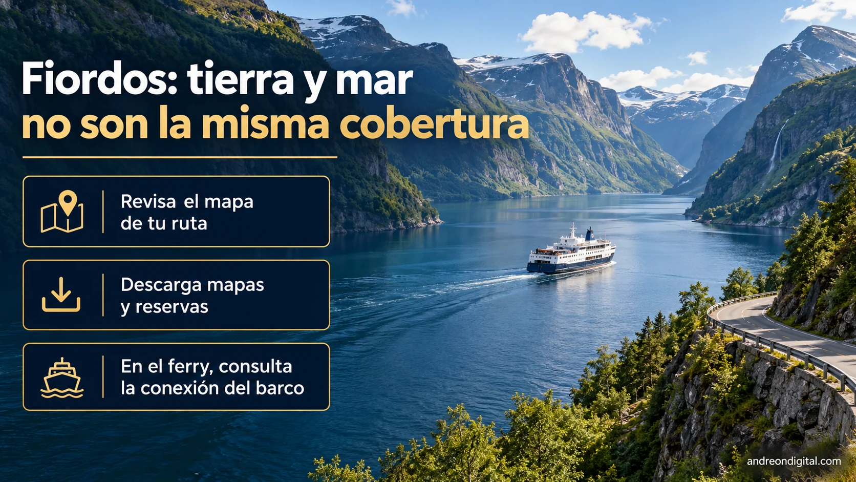 Fiordos de Noruega: comprobar la ruta, descargar mapas y separar cobertura terrestre de conexión del barco