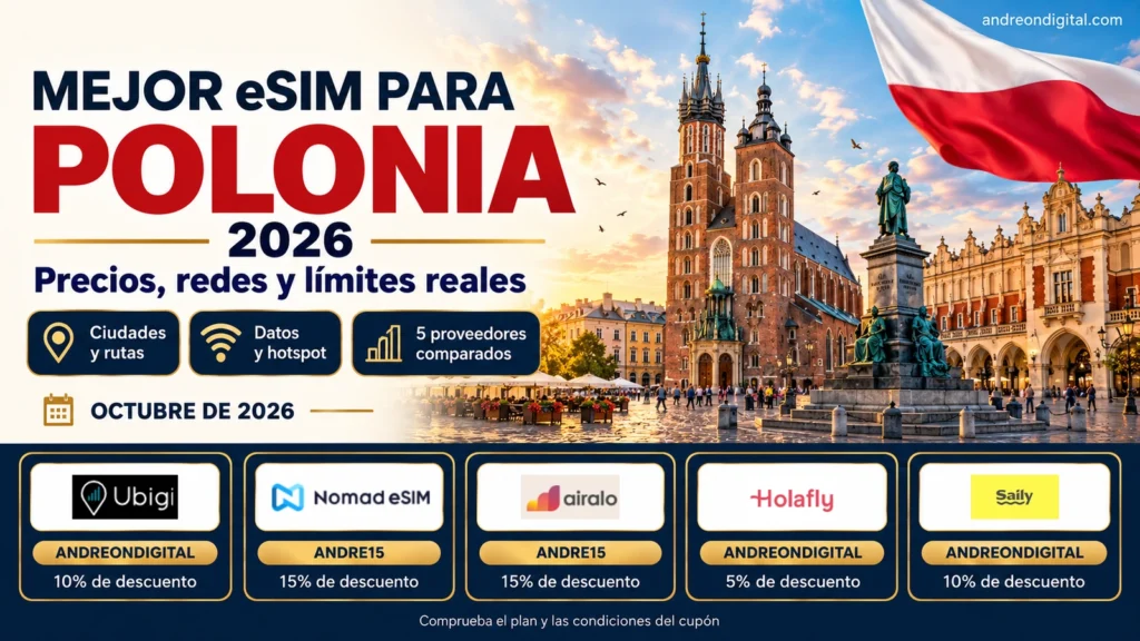 Guía eSIM de Polonia 2026 con cinco proveedores, logotipos oficiales y sus códigos de descuento