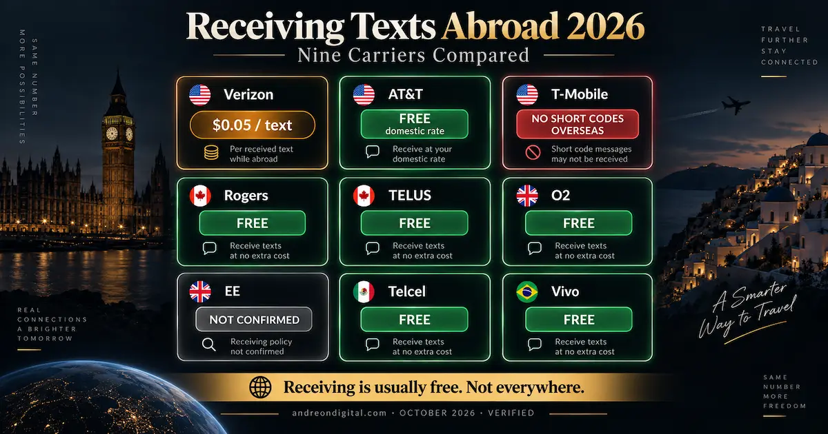 Receiving Texts Abroad 2026, Nine Carriers Compared receiving texts abroad 2026 nine carriers verizon 0.05 per text att domestic rate o2 free tmobile short codes ee not confirmed