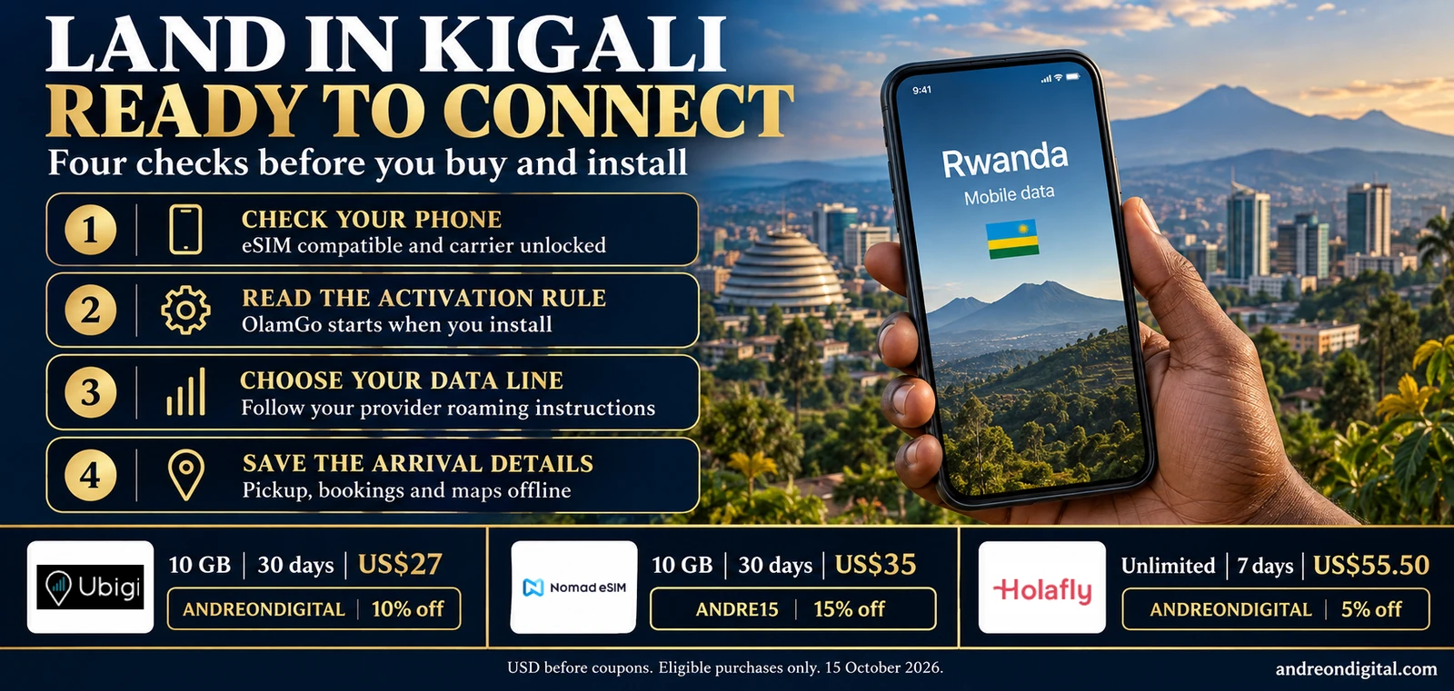 Rwanda eSIM preparation checklist covering phone compatibility, activation timing, data-line settings and offline arrival details
