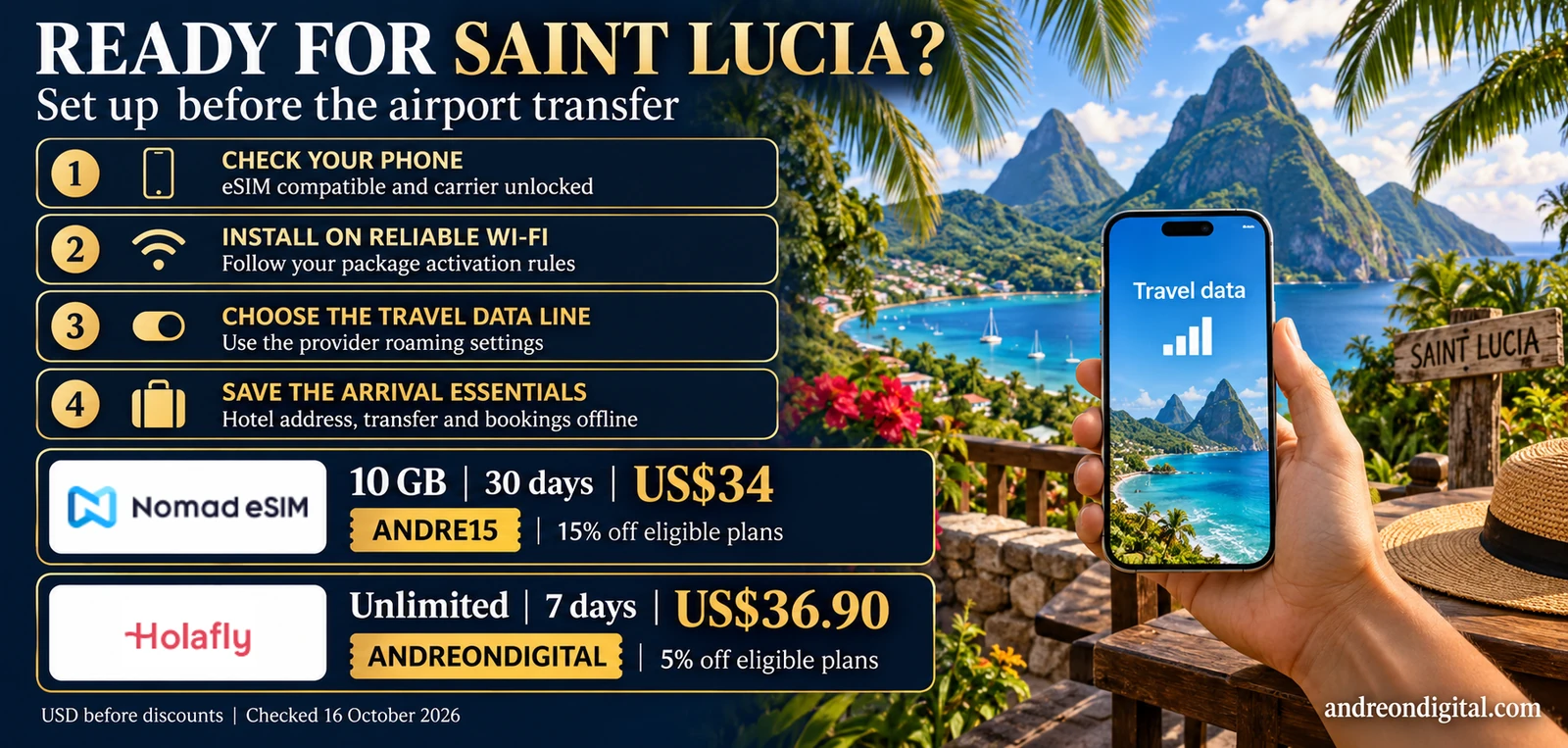 Four steps to prepare a compatible phone and travel eSIM for arrival in Saint Lucia