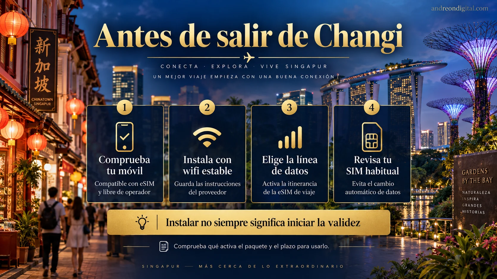Pasos para instalar una eSIM antes del vuelo y elegir la línea de datos al llegar a Singapur
