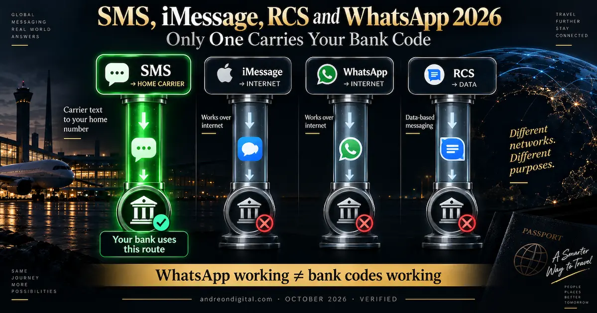 SMS, iMessage, RCS and WhatsApp 2026, Only One Carries Your Bank Code sms imessage rcs whatsapp 2026 difference bank codes only sms carried by home carrier imessage whatsapp over internet