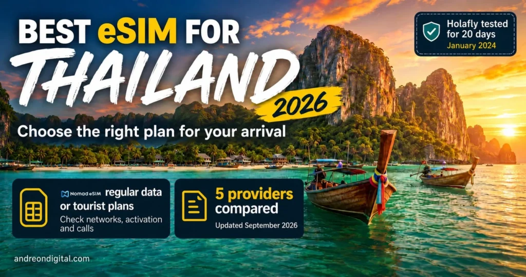 Thailand eSIM guide comparing Nomad eSIM, Holafly, Airalo, Saily and Ubigi, updated September 2026