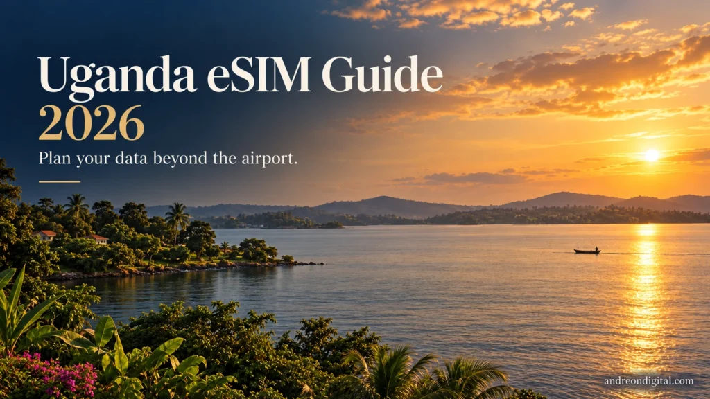 Uganda eSIM guide with an editorial illustration of a Lake Victoria inspired shore near Entebbe at sunset