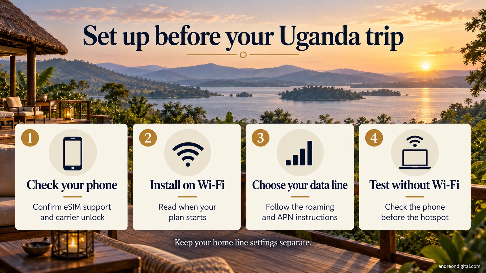 Four steps to prepare a Uganda eSIM: check phone compatibility, install on Wi-Fi, choose the data line and test without Wi-Fi