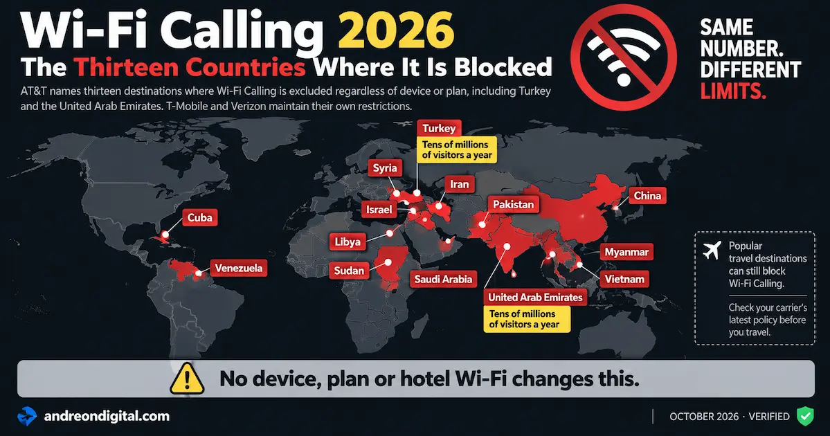 Wi-Fi Calling blocked countries 2026 map showing 13 AT&T restricted destinations, including Turkey, United Arab Emirates, China, India and Vietnam