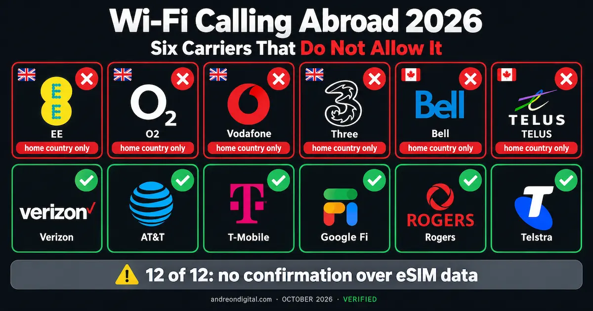 Wi-Fi Calling abroad 2026 showing EE, O2, Vodafone, Three, Bell and TELUS as unsupported abroad, while 12 of 12 carriers give no confirmation over travel eSIM data