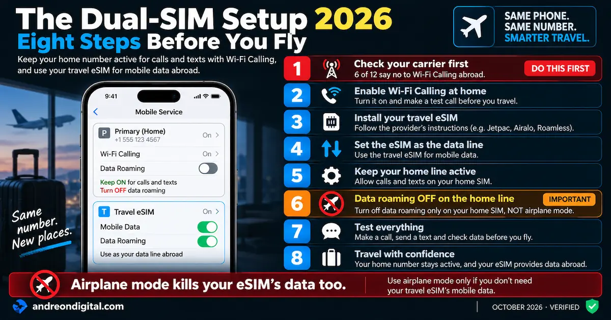 Wi-Fi Calling eSIM 2026 dual-SIM setup showing eight steps to keep the home line active, use a travel eSIM for data and turn data roaming off