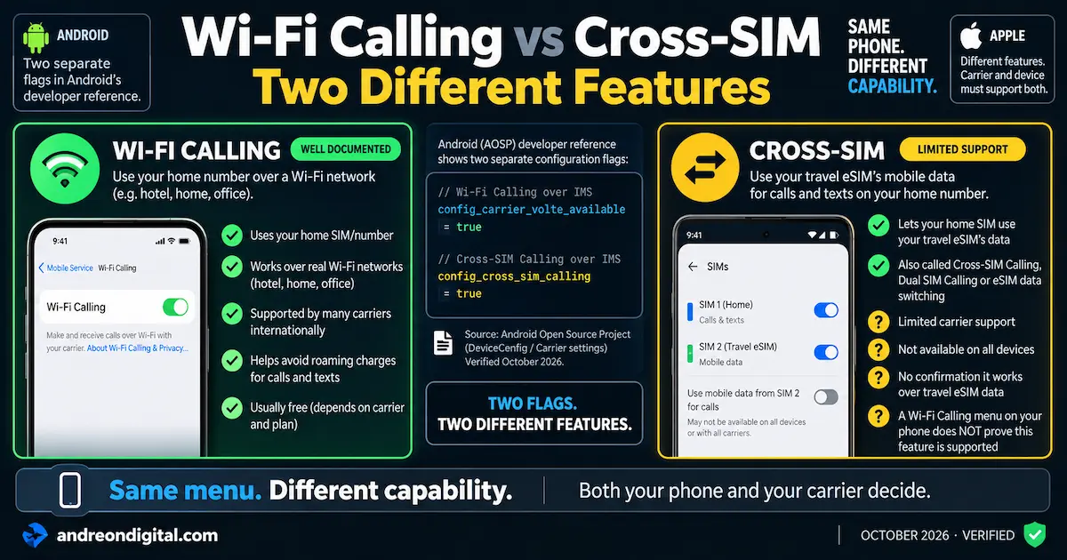 Wi-Fi Calling vs Cross-SIM 2026 comparison showing Wi-Fi Calling over a real Wi-Fi network and Cross-SIM using travel eSIM mobile data as two different capabilities