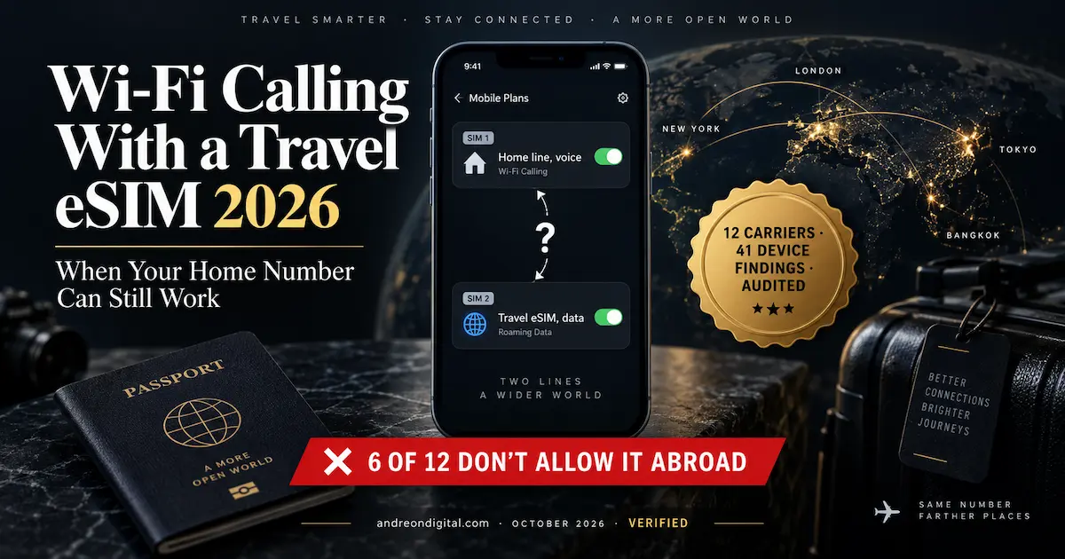 Wi-Fi Calling with a travel eSIM 2026 showing a home voice line and travel eSIM data line, with 6 of 12 carriers not allowing Wi-Fi Calling abroad