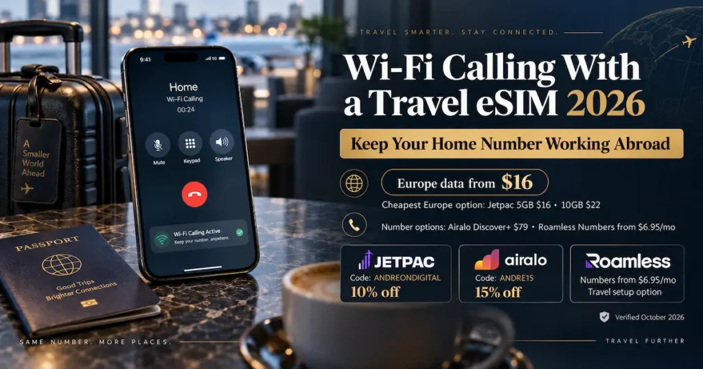 Wi-Fi Calling with a travel eSIM 2026 image showing how to keep your home number working abroad, with Europe data from $16 and Jetpac, Airalo and Roamless offers
